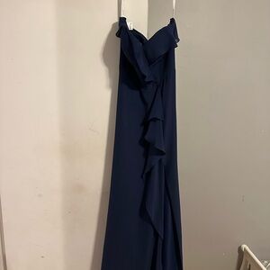 JJs House Strapless Navy Dress with Ruffle Detail